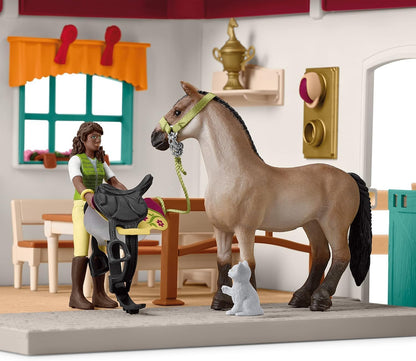 SCHLEICH Horse Club - 85 PC Tack Room Stable Extension Toy Playset with Rider Action Figure, Horse Figurine and Accessories for Girls and Boys - Interactive, Realistic Kids Toys Ages 5+ - 42591