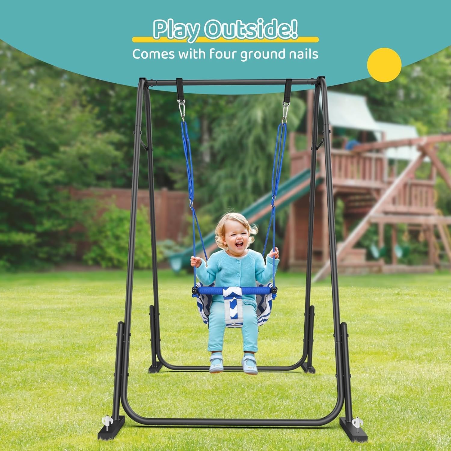 Slevoo 2-in-1 baby jumper and toddler swing set with foldable metal frame, blue, indoor and outdoor play for children up to 6 years.