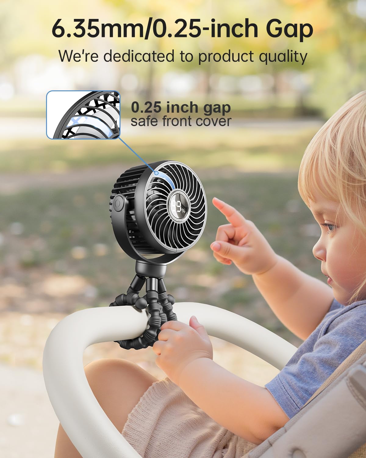 Black Bearwind mini portable pram fan with clip, digital display, night light, 4 speeds, 360° rotation, mounted on stroller or car seat