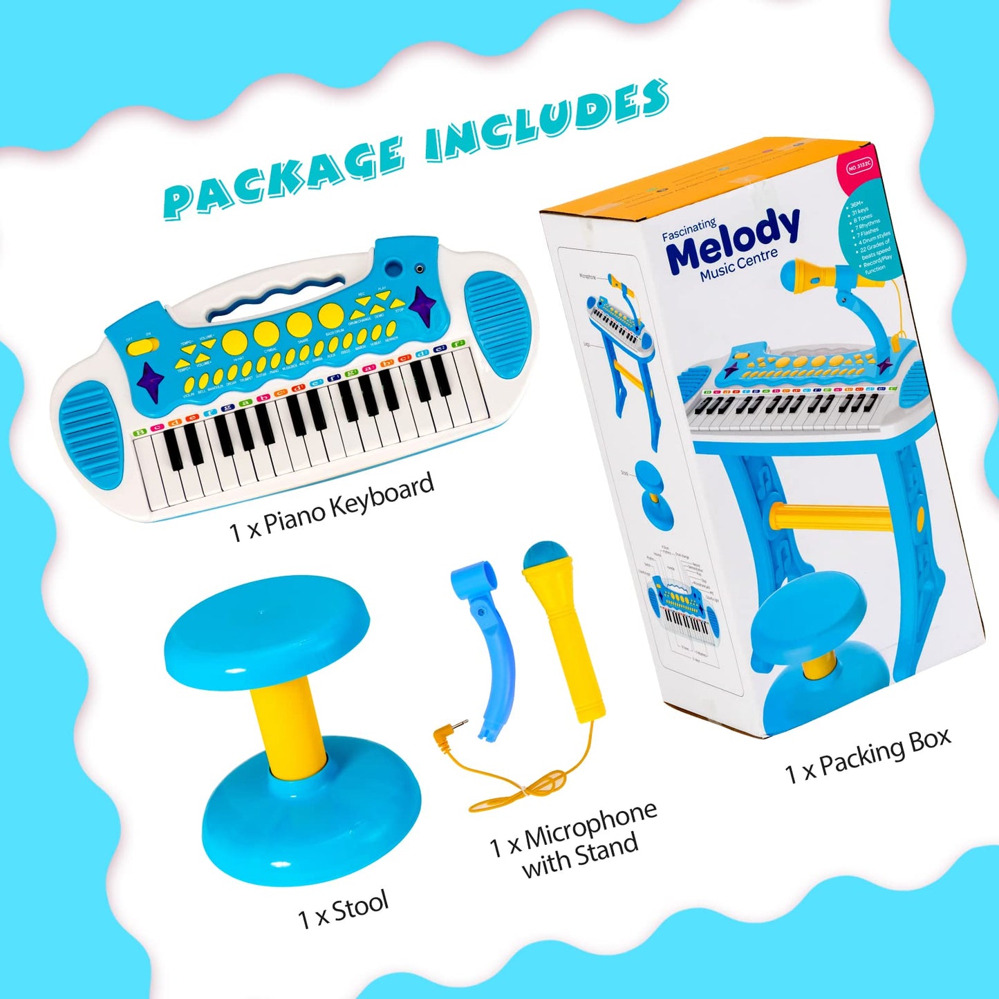 COSTWAY 31-key kids electronic keyboard with stool, microphone, flashing lights, and recording functions, blue toy piano for children