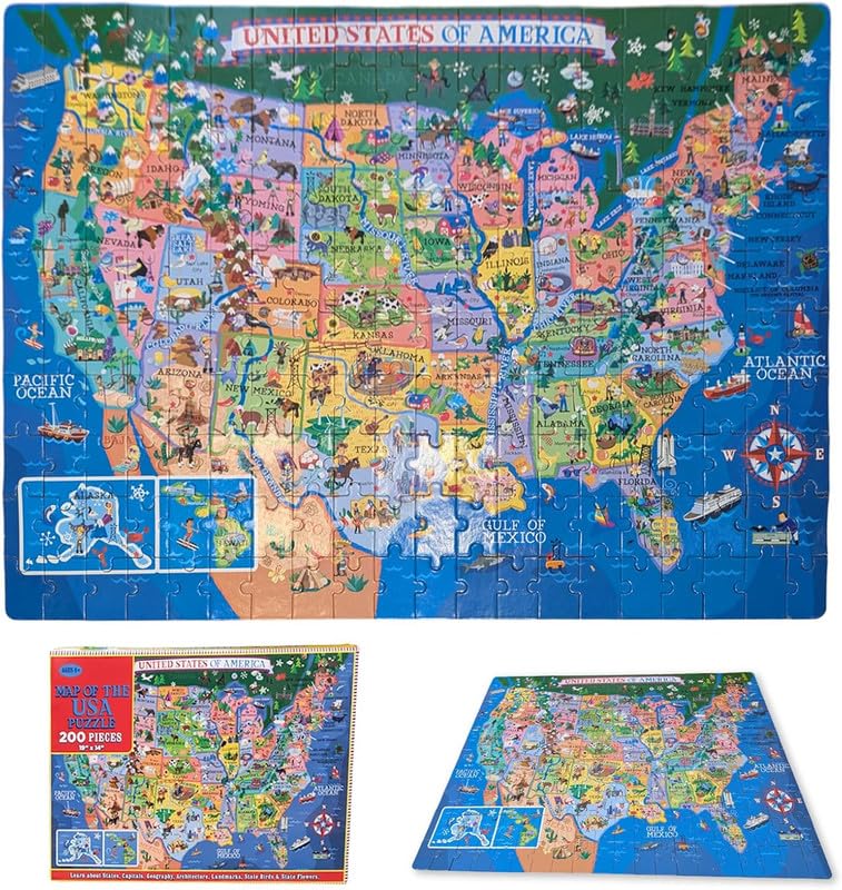 Educational USA map jigsaw puzzle by Learncredibles showing U.S. states and continents for kids age 7+ to learn geography.