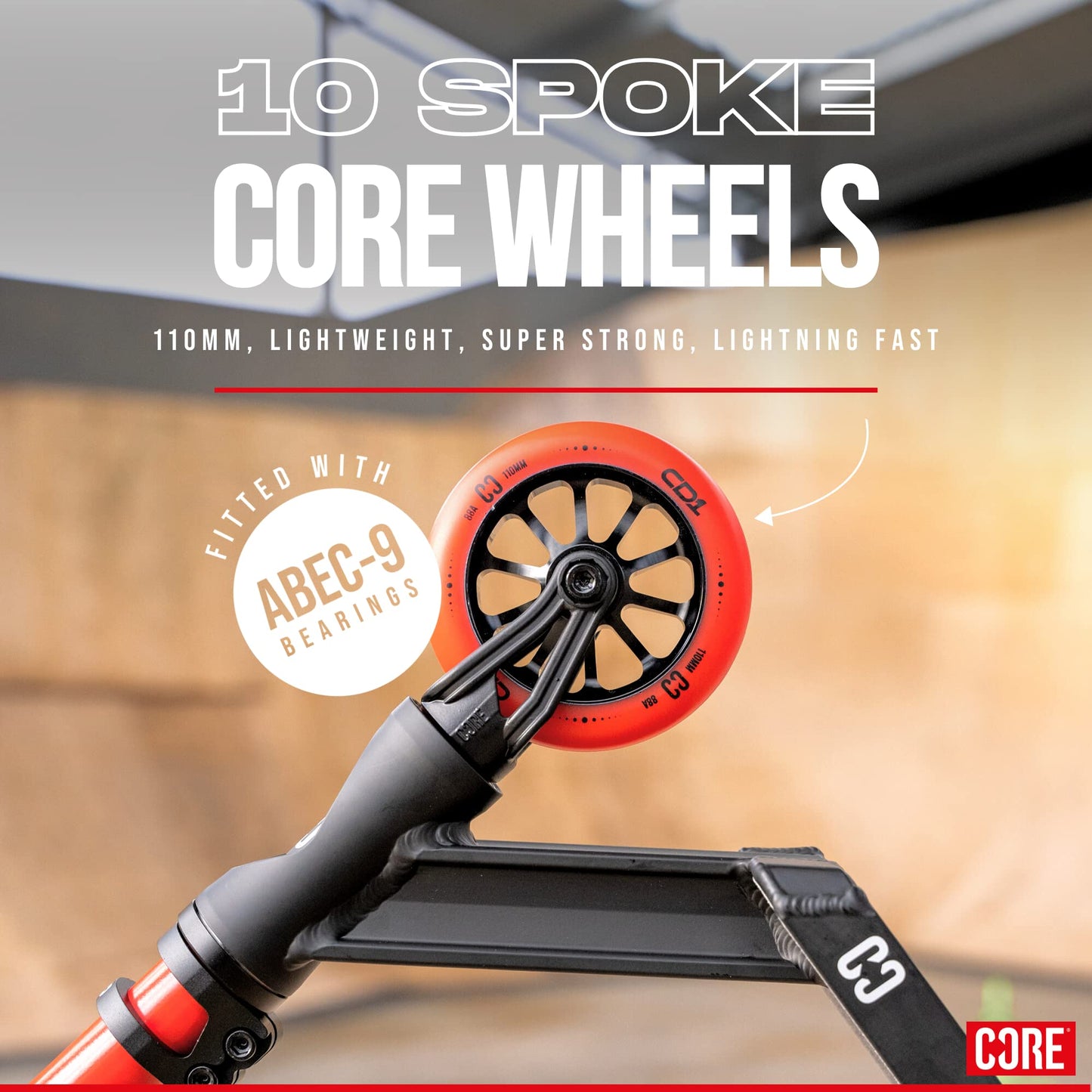Core CD1 stunt scooter in black and red, designed for kids and beginners, perfect for skatepark freestyle riding.