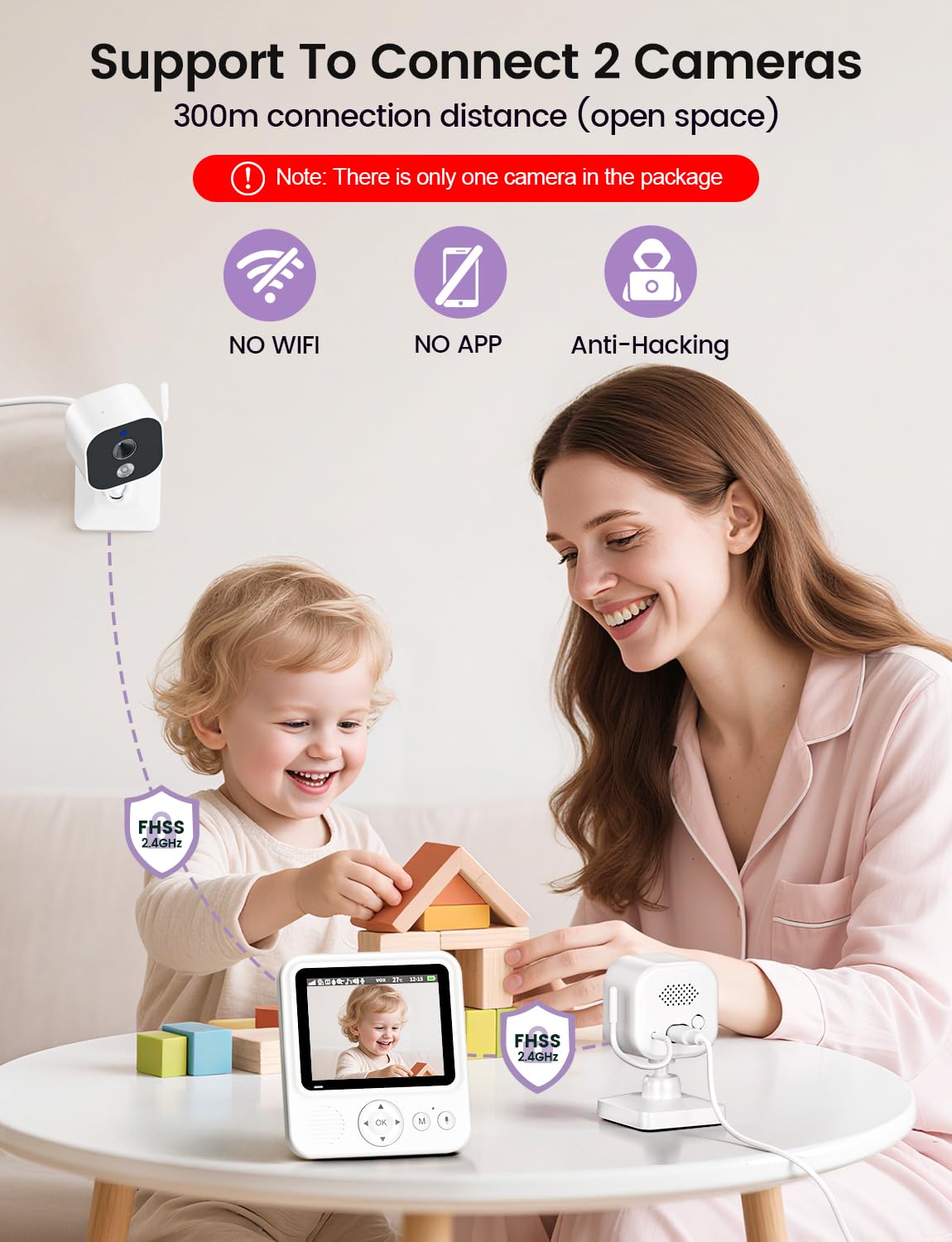 BURNNOVE baby monitor with camera and audio, 2.8" video display, night vision, two-way talk, and temperature sensor.