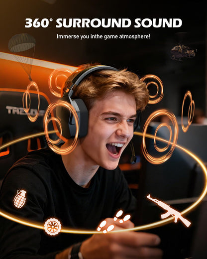 NUBWO wireless gaming headset with mic in orange, designed for PS5, PS4, PC, featuring all-device compatibility and 100-hour battery