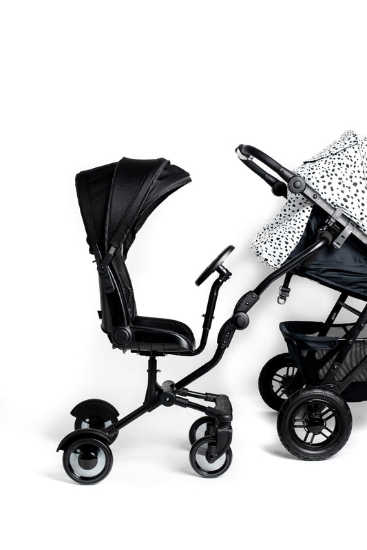 Roma Side Rider Universal Buggy Board with Seat - 4-Wheel Pram Board for Toddlers, Side Buggy Board with Universal Connector for Easy Attachment - Toy Steering Wheel - Hood