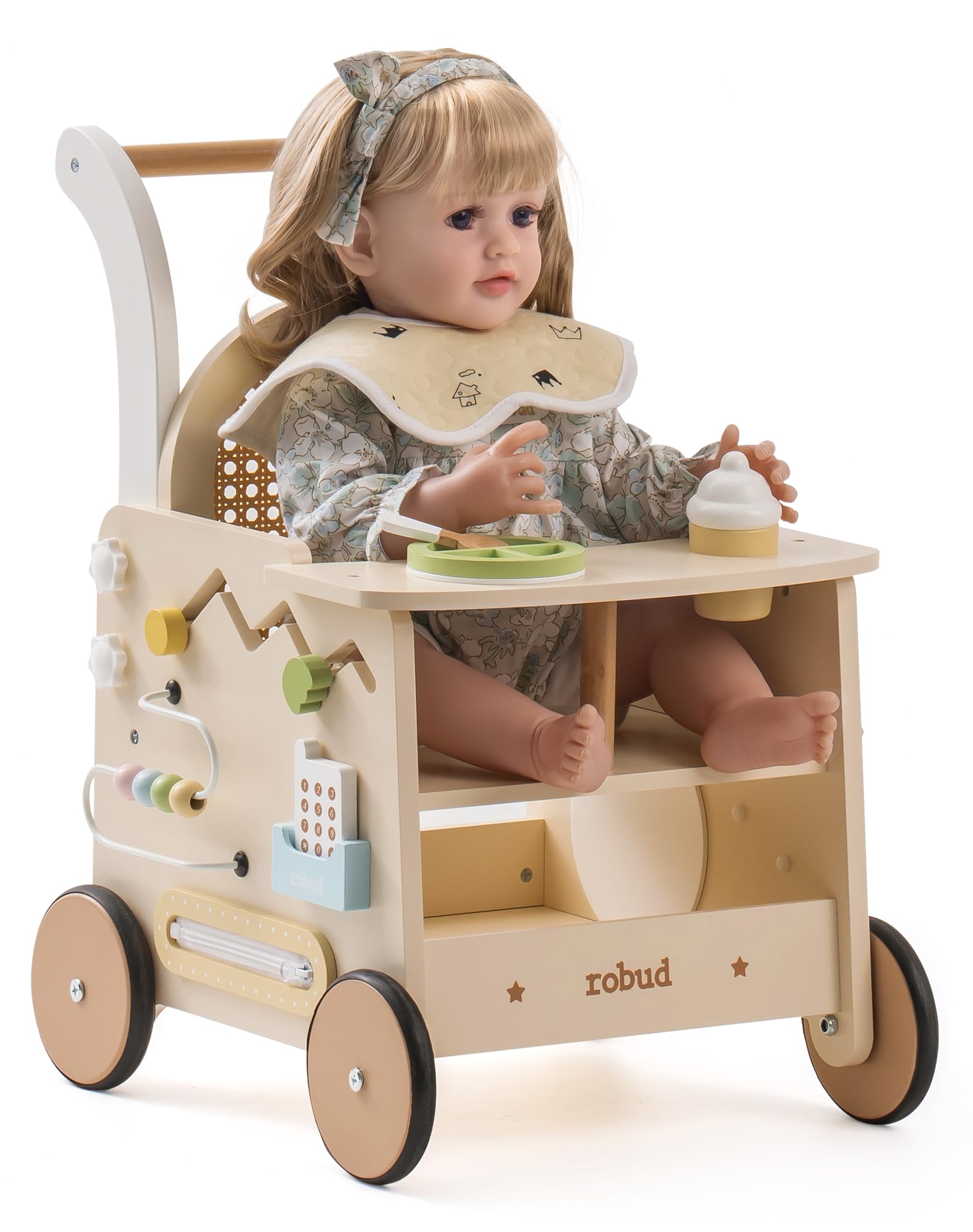 ROBUD wooden baby walker for 1-2 year olds with activity center, doll stroller, safety brake, educational toys, push along toddler walker