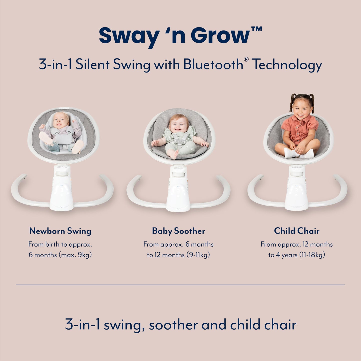 Graco Sway 'n Grow Bluetooth baby soother with swaying motions, vibration, music, adjustable height, Heather Fashion, suitable for infants to toddlers