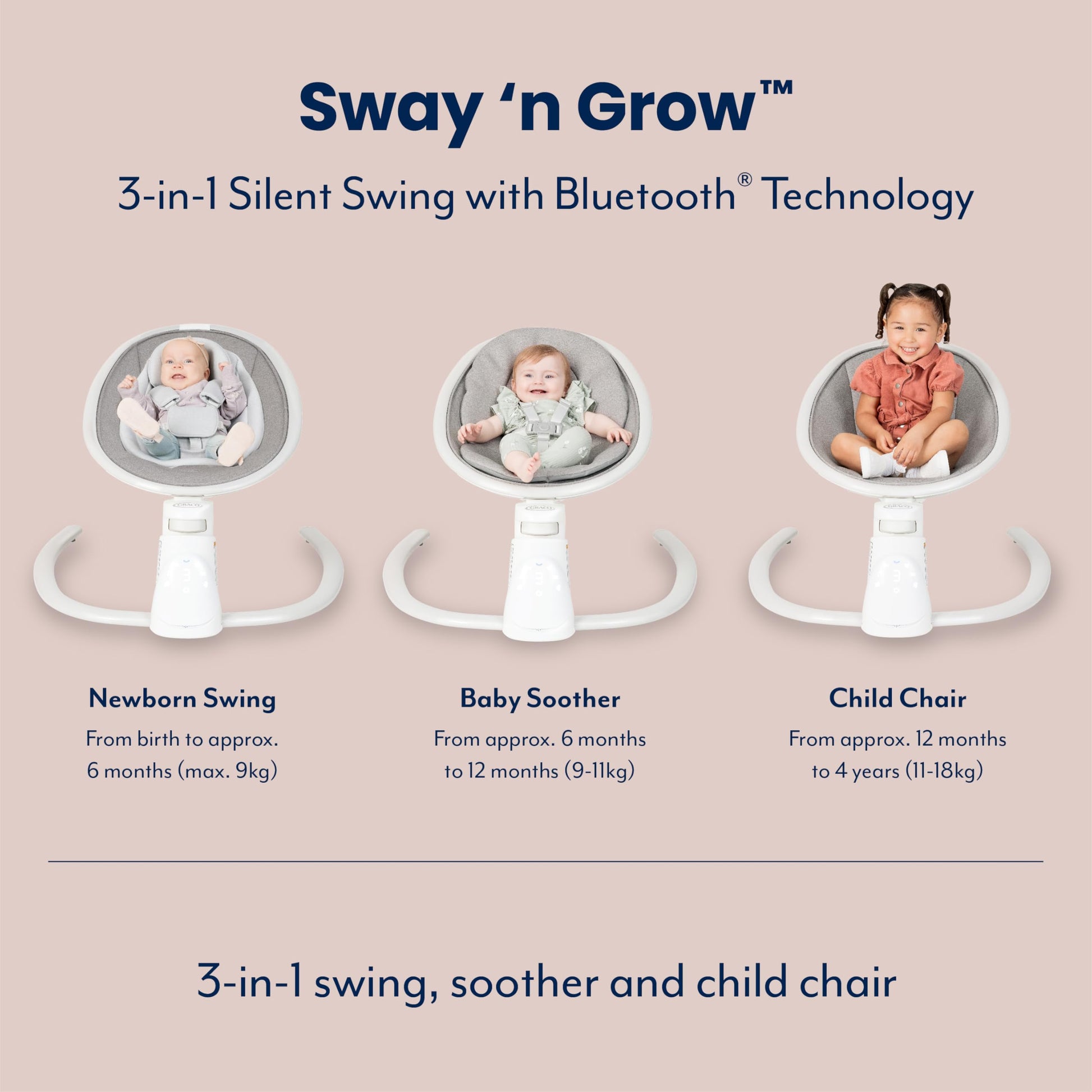 Graco Sway 'n Grow Bluetooth baby soother with swaying motions, vibration, music, adjustable height, Heather Fashion, suitable for infants to toddlers