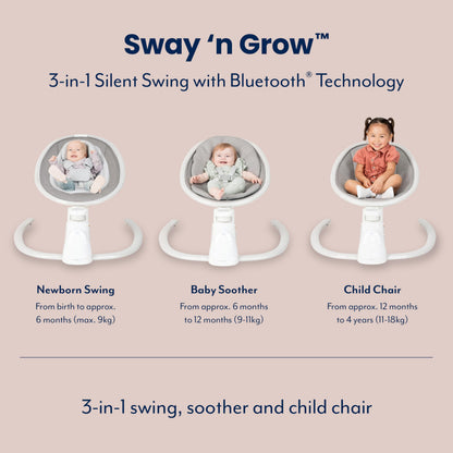 Graco Sway 'n Grow Bluetooth baby soother with swaying motions, vibration, music, adjustable height, Heather Fashion, suitable for infants to toddlers