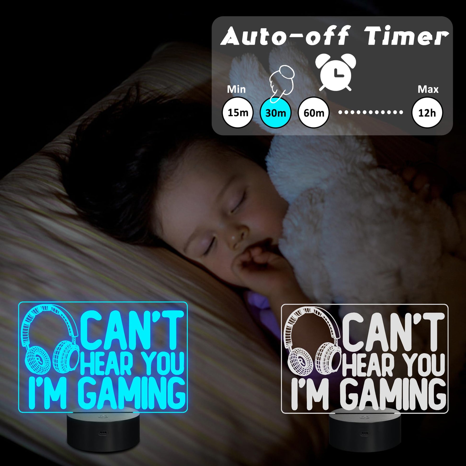3D gaming night light by CoolGift Mart featuring headset graphic, 16-color touch control, remote, ideal for gamers and teens