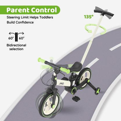 JMMD Balance Bike with Training Wheels and Pedals, Kids Push Bike with Adjustable Push Handle, Fun and Safe Toddler Tricycle for Boys and Girls with Brakes & Kickstand, Age18 Months-5 Years, Green