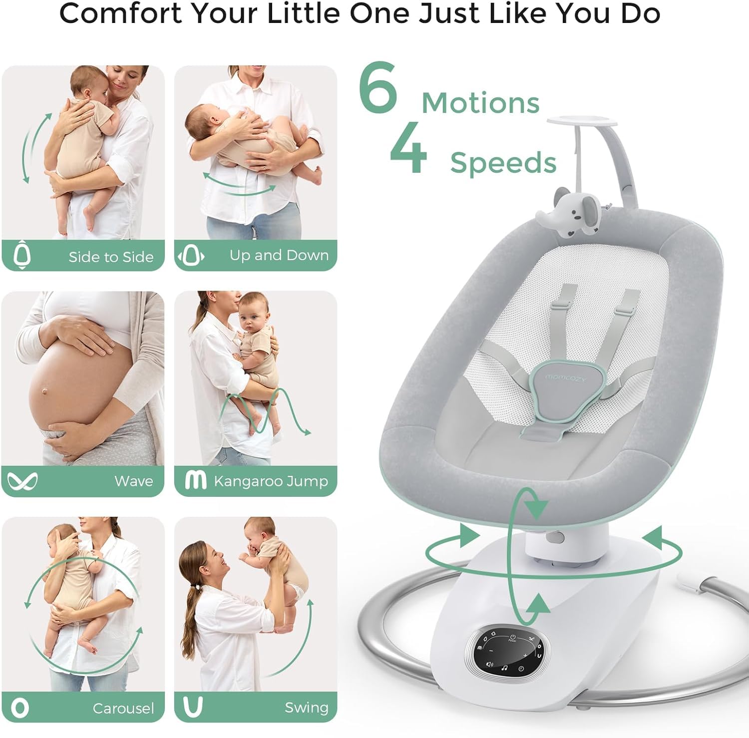 Momcozy CocoSway baby swing for infants and toddlers, electric 3D-motion swing with remote, 6 motions, 4 speeds, and soothing lullabies