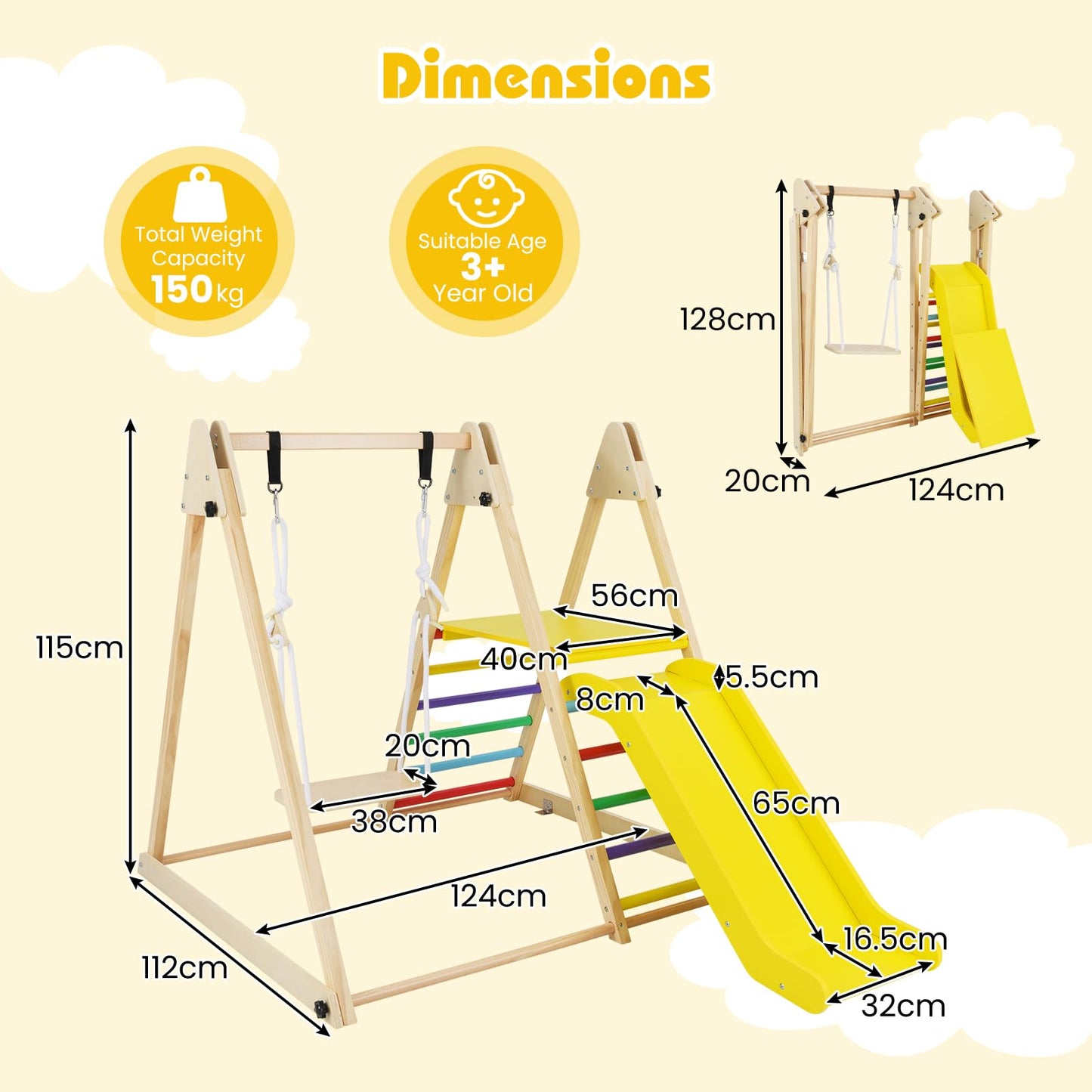 Maxmass 3-in-1 Kids Climbing Frame, Wooden Children Climber Playset with Swing, Slide and Ladder, Garden Toddler Jungle Gym Playground for Indoor Outdoor (Multicolor)