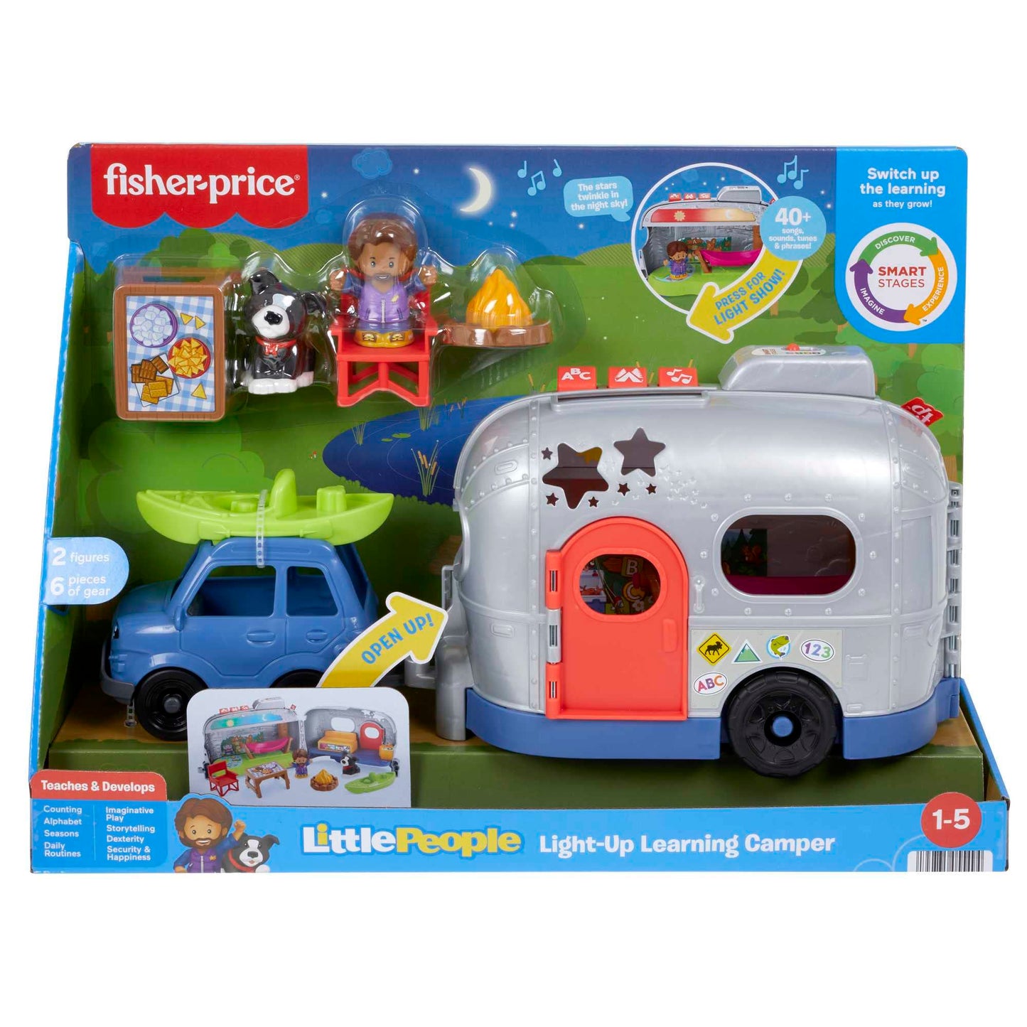 Fisher-Price Little People Light-Up Learning Camper with colorful vehicle, lights, and playset features for children age 1 and up.