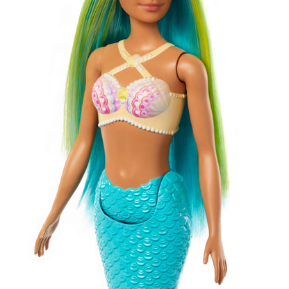 Barbie mermaid doll with two-tone blue and yellow hair, headband, shell bodice, and turquoise tail.