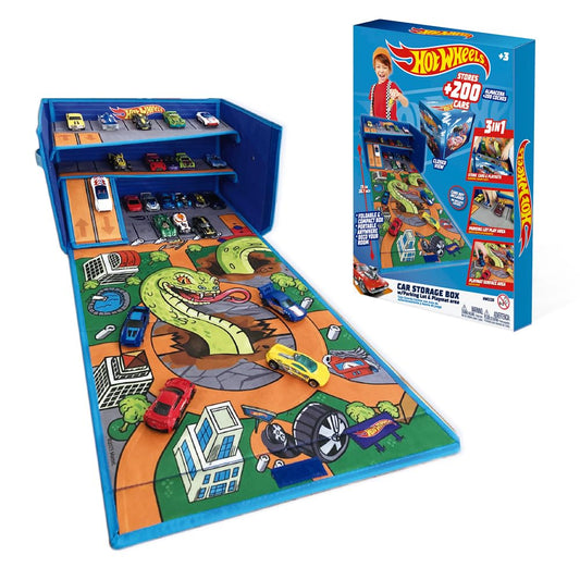 Hot Wheels 3-in-1 collapsible car storage box with playmat and speed roads, showcasing colorful design and ample storage.
