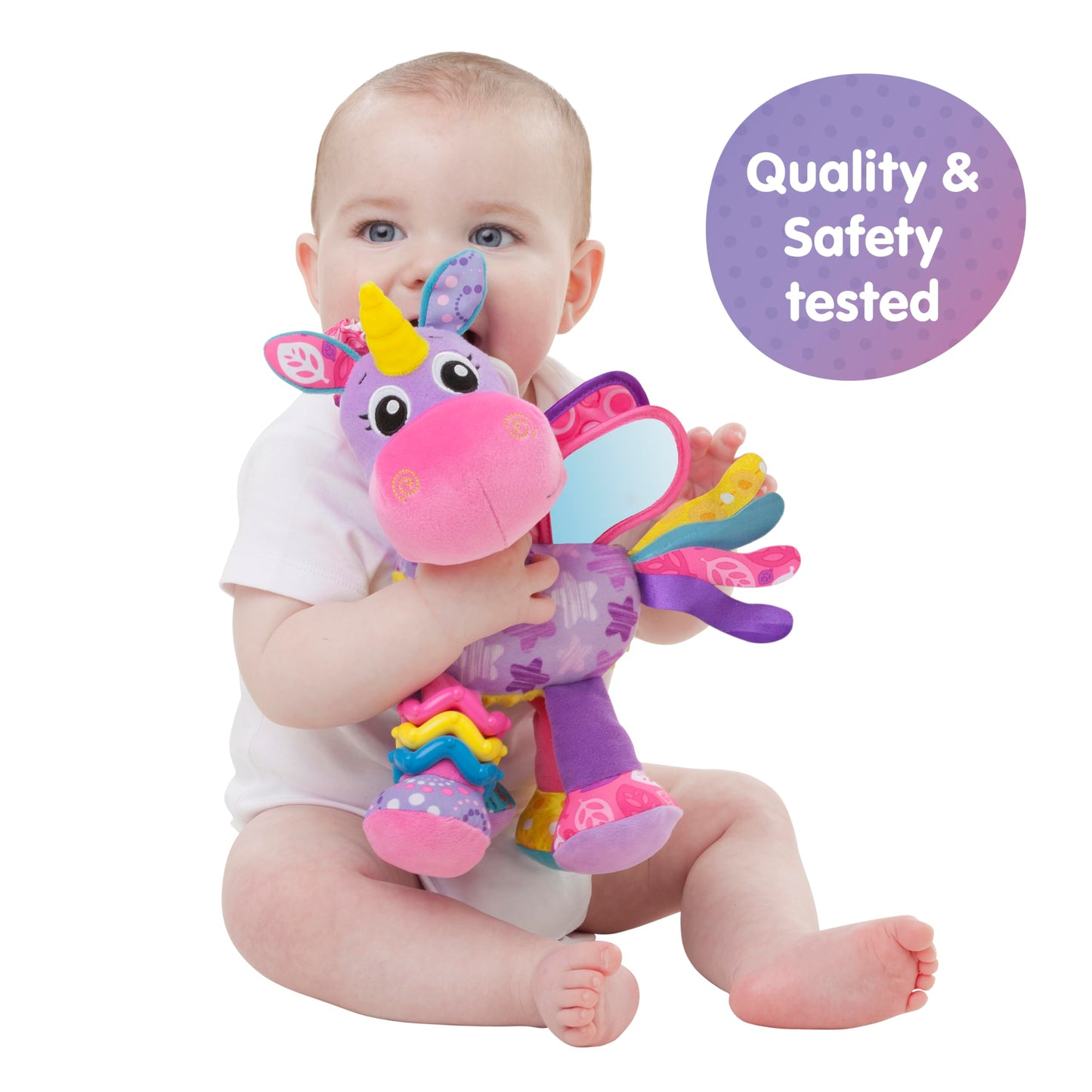 Playgro Activity Friend Stella Unicorn - Delight Your Baby Girl with this Sensory Development Toy, Ideal Baby Girl Gift for 0+ Months - On-The-Go Fun with Car Seat Toys and Pram Toy