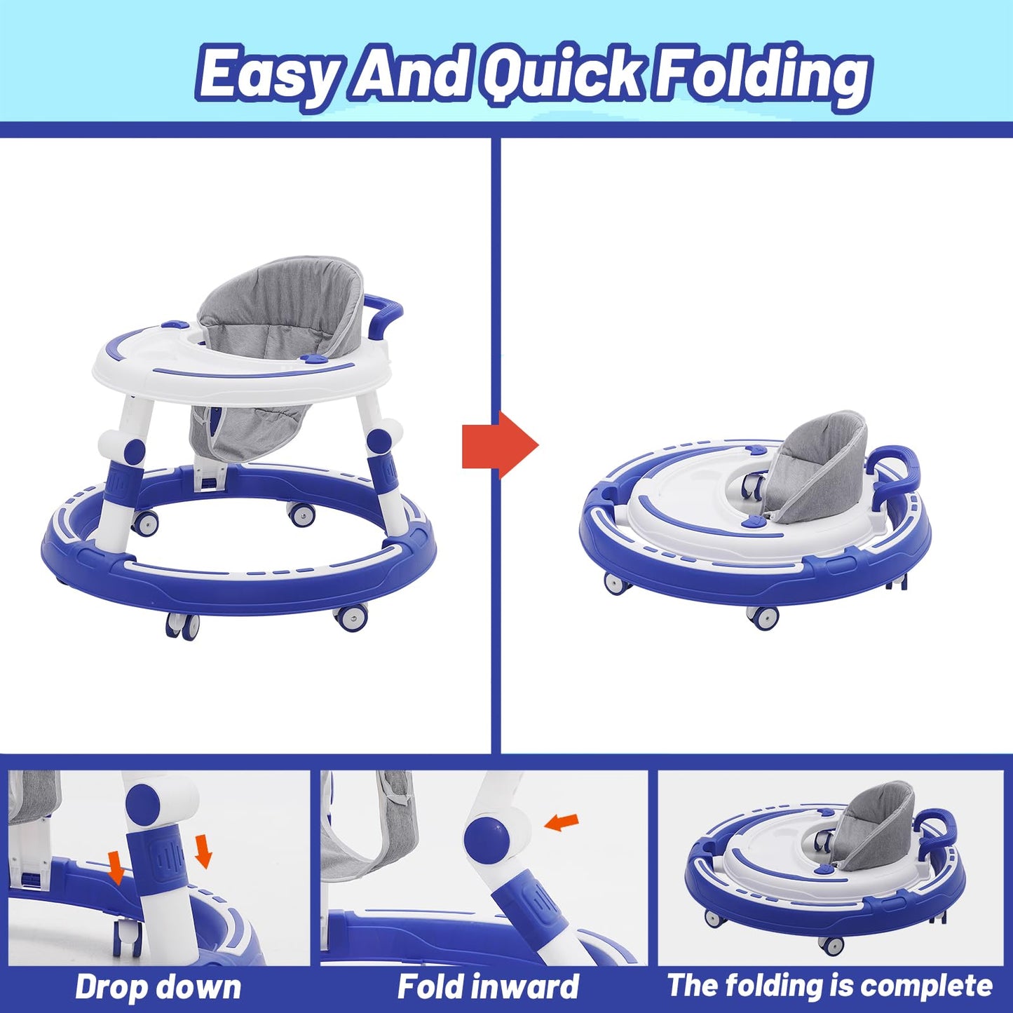 Foldable Maycoly baby walker with seat, foot pads, light, sound, and anti-rollover features, designed for safe, fun mobility.