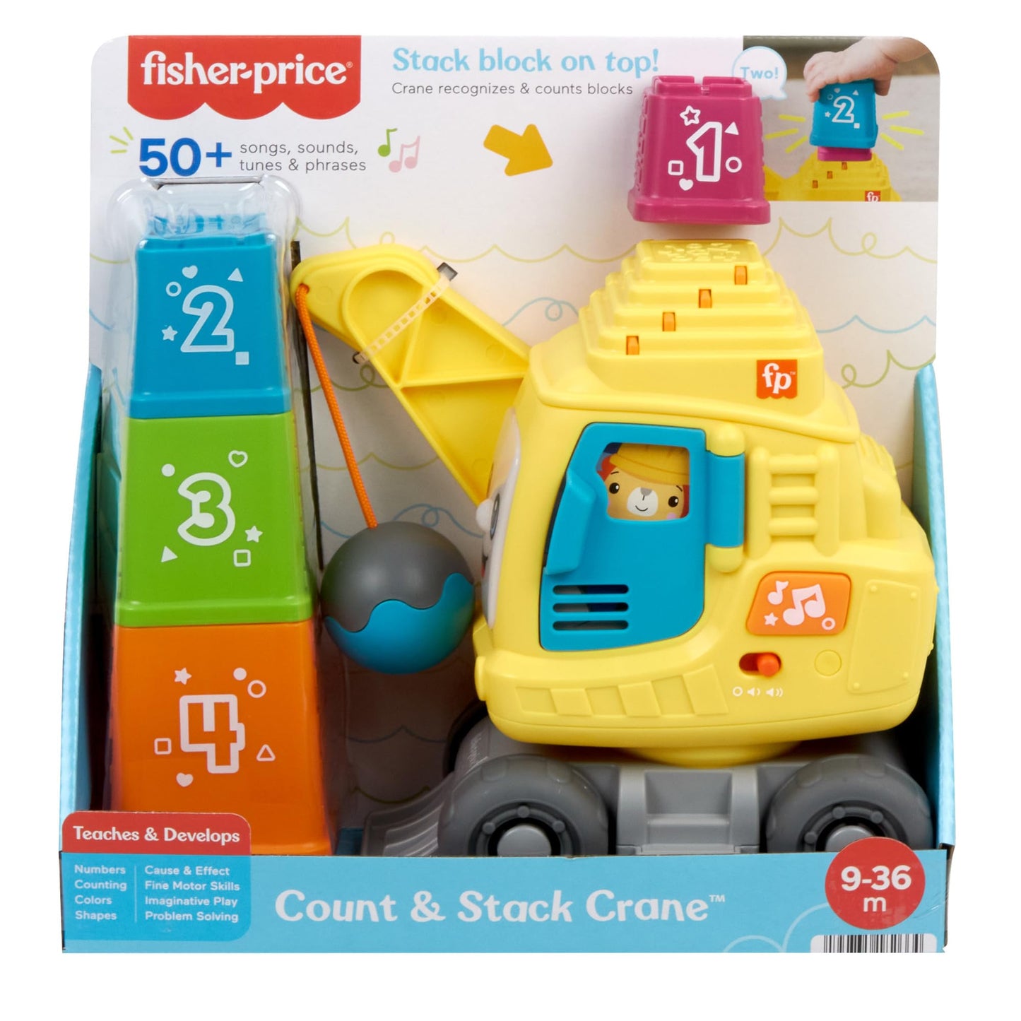 Fisher-Price Baby & Toddler Count & Stack Crane with colorful blocks, lights, music, and sounds, suitable for infants 9+ months.