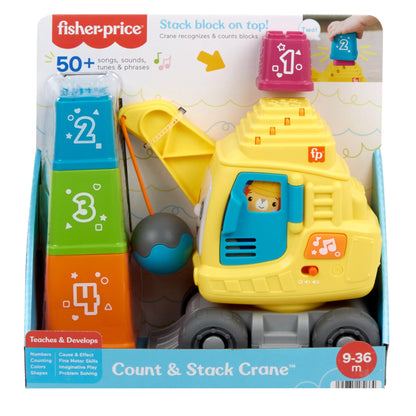 Fisher-Price Baby & Toddler Count & Stack Crane with colorful blocks, lights, music, and sounds, suitable for infants 9+ months.