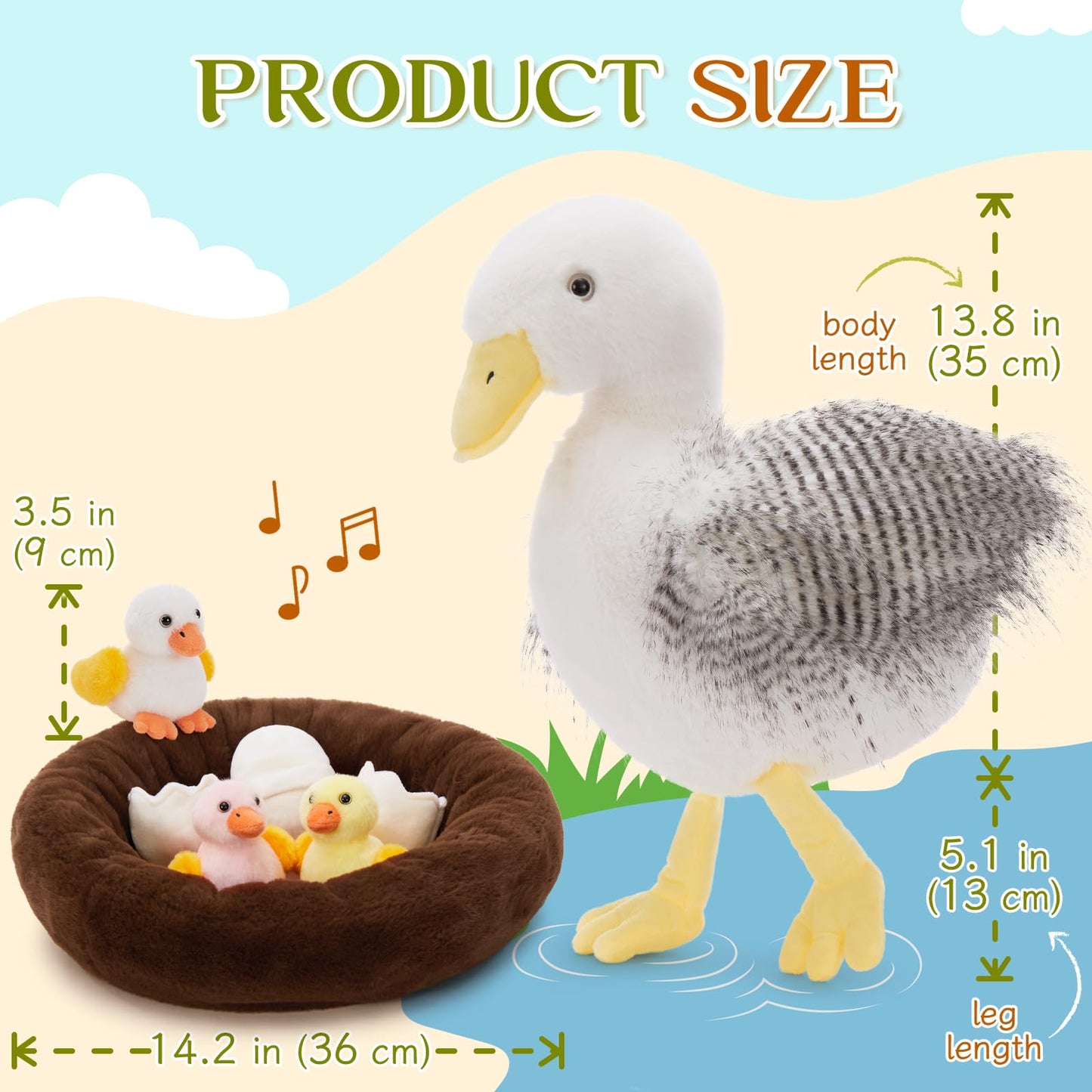 MorisMos Big Duck Teddy Soft Toy, 35cm Mom with Cuddly Ducklings Baby, Giant Fluffly Duck Stuffed Animal Realistic Kawaii Plush Gift for Kids Birthday Deco