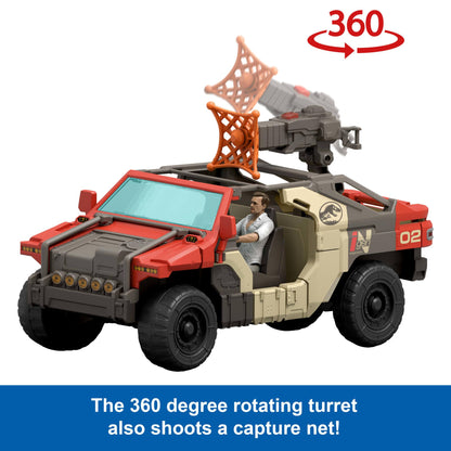 Mattel Jurassic World Rebirth Vehicle with 1 Human & 1 Dinosaur Figure, Launch ‘N Battle Truck, Martin Krebs Figure & Raptor, Turret & 2 Projectiles, JGB59