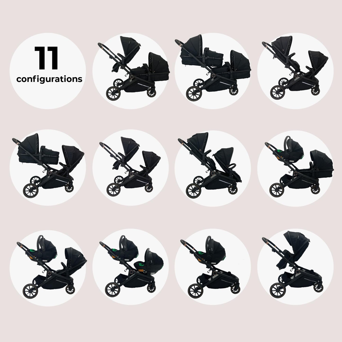 My Babiie MB33 Tandem Pushchair – Birth to 15kg Double Stroller, Twin Seat Units Convert to Carrycot, 11 Configurations, Duo Includes Car Seat Adapters, Rain Covers – Black Leopard