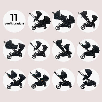 My Babiie MB33 Tandem Pushchair – Birth to 15kg Double Stroller, Twin Seat Units Convert to Carrycot, 11 Configurations, Duo Includes Car Seat Adapters, Rain Covers – Black Leopard