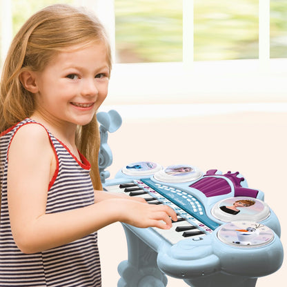 Lexibook Frozen electronic keyboard in blue and purple with seat, microphone, MP3 player, sound effects, and demo tunes.