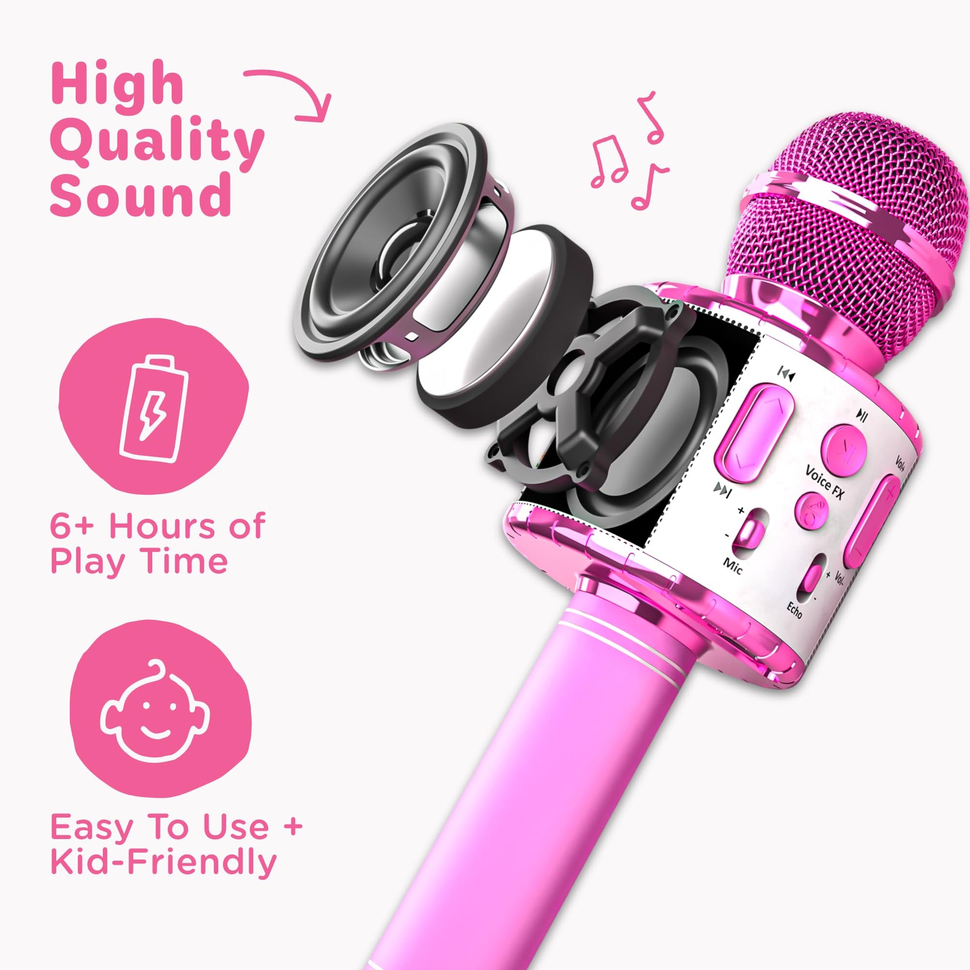 Move2Play kids karaoke microphone with Bluetooth, showing colorful microphone with pre-loaded songs for children’s birthday fun.
