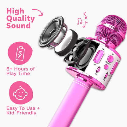 Move2Play kids karaoke microphone with Bluetooth, showing colorful microphone with pre-loaded songs for children’s birthday fun.