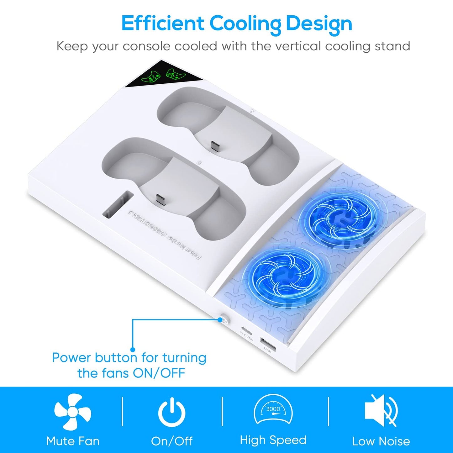 FYOUNG Xbox Series S vertical charging stand with cooling fan, two 1400mAh batteries, and headset holder in white.