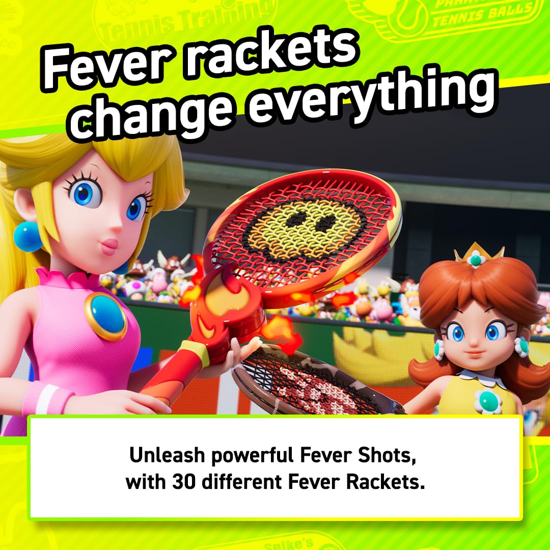 Nintendo Mario Tennis Fever game cover featuring Mario holding a tennis racket on a colorful court background.