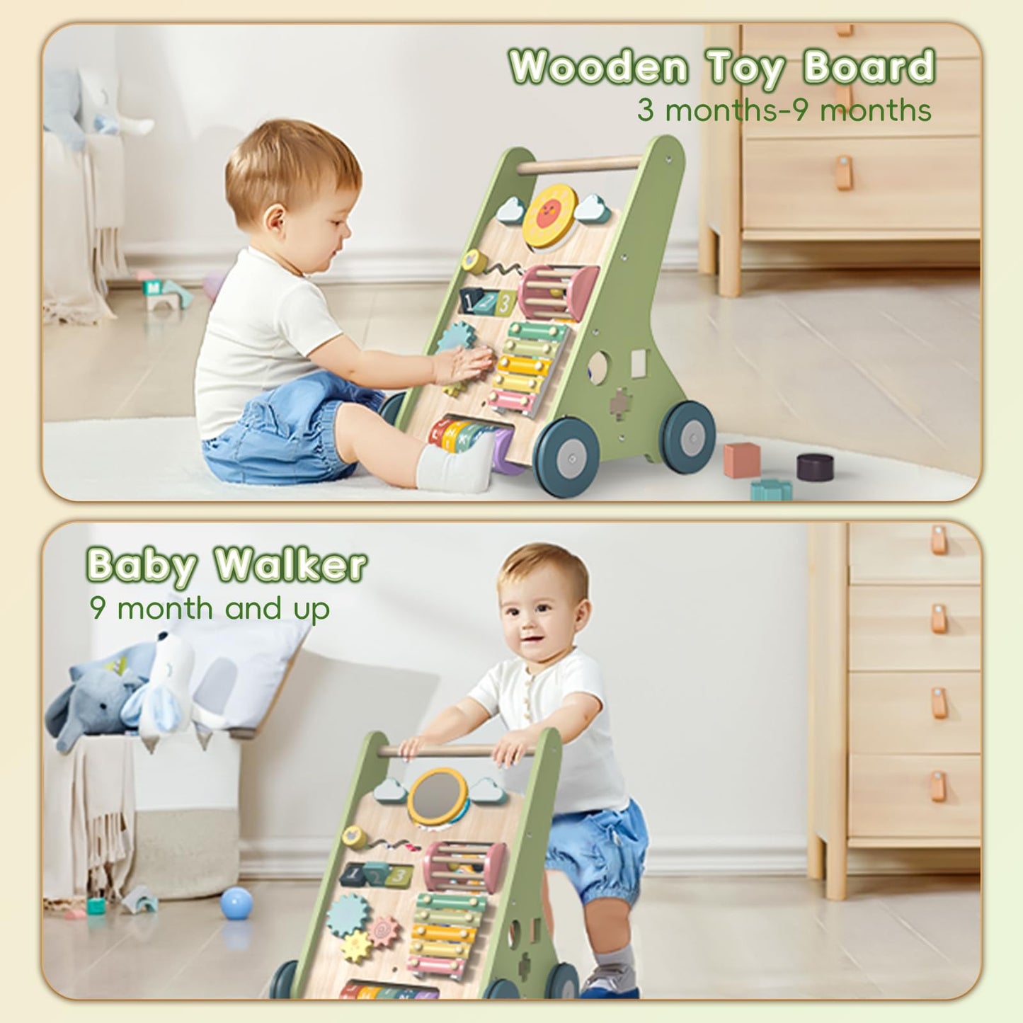 Bautia wooden baby walker with colorful learning activities, shapes, mirror, and phrases for 1-2 year old boys and girls.