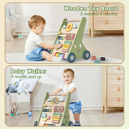 Bautia wooden baby walker with colorful learning activities, shapes, mirror, and phrases for 1-2 year old boys and girls.