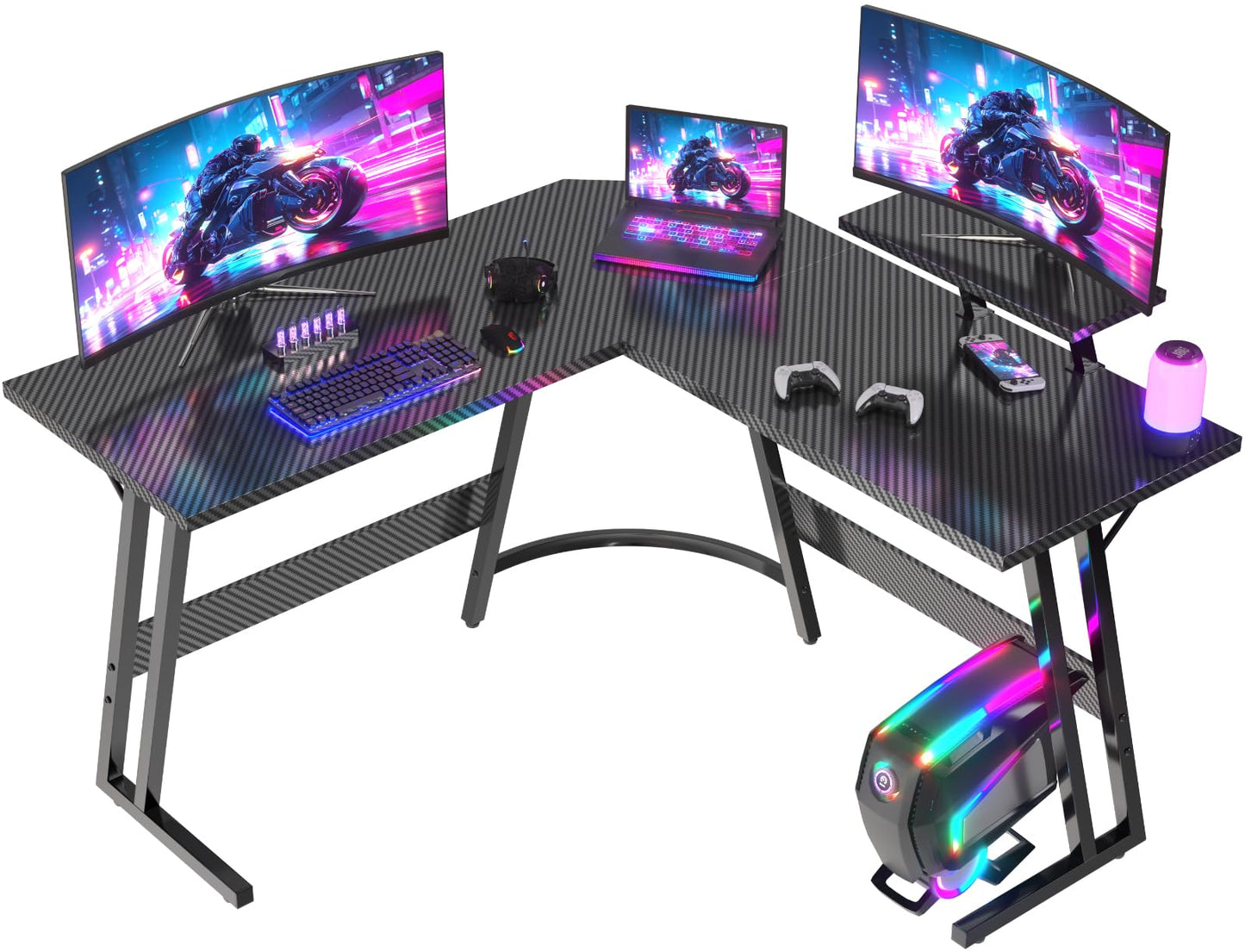 JUMMICO L Shaped Gaming Desk with Large Monitor Stand 120x120x75cm,Corner Desk for Home Office Study Writing Workstation, Carbon Fibre Black