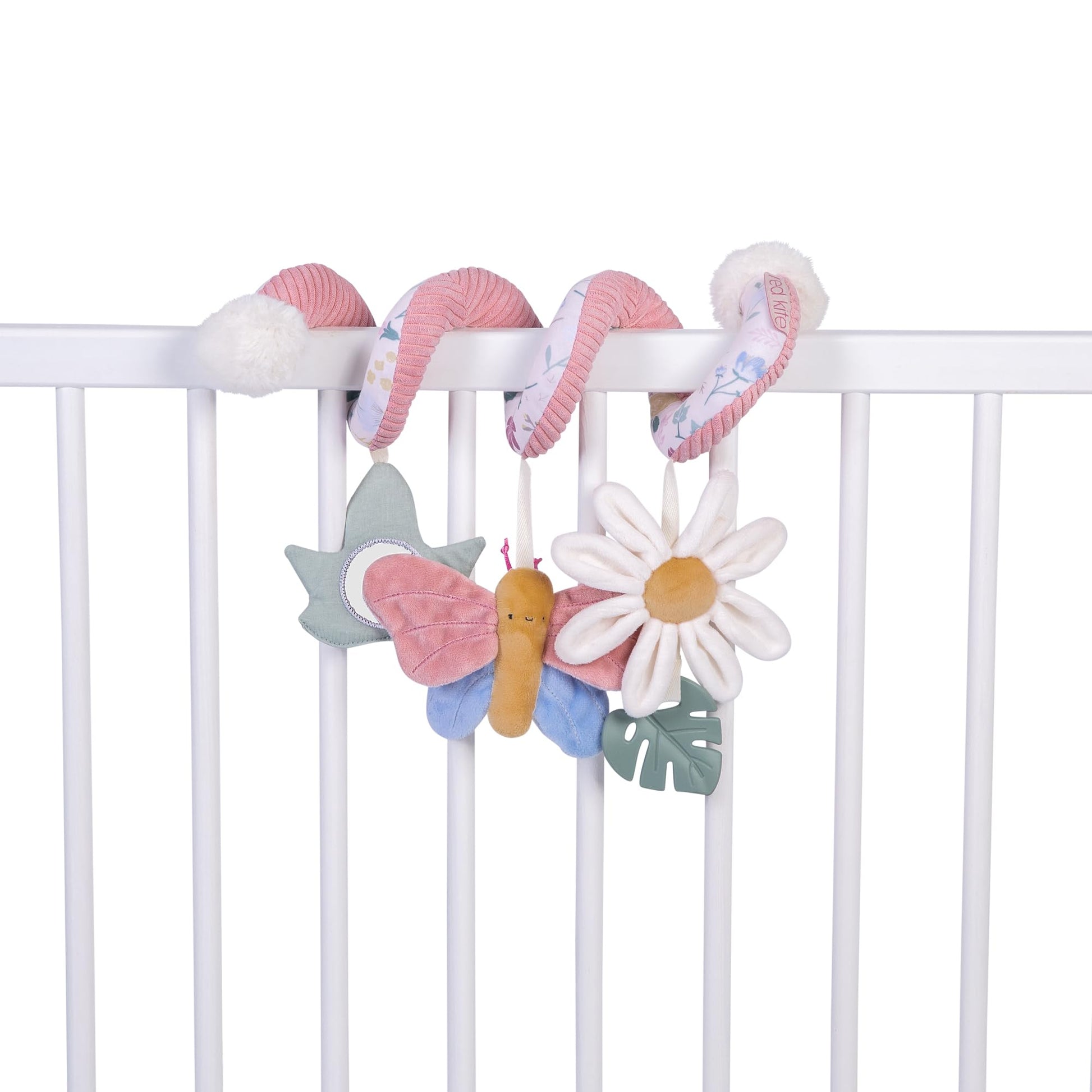 Red Kite Spiraloo Twisty Activity Toy with baby-safe mirror and teether in rose and ivy colors, designed for infant sensory play.