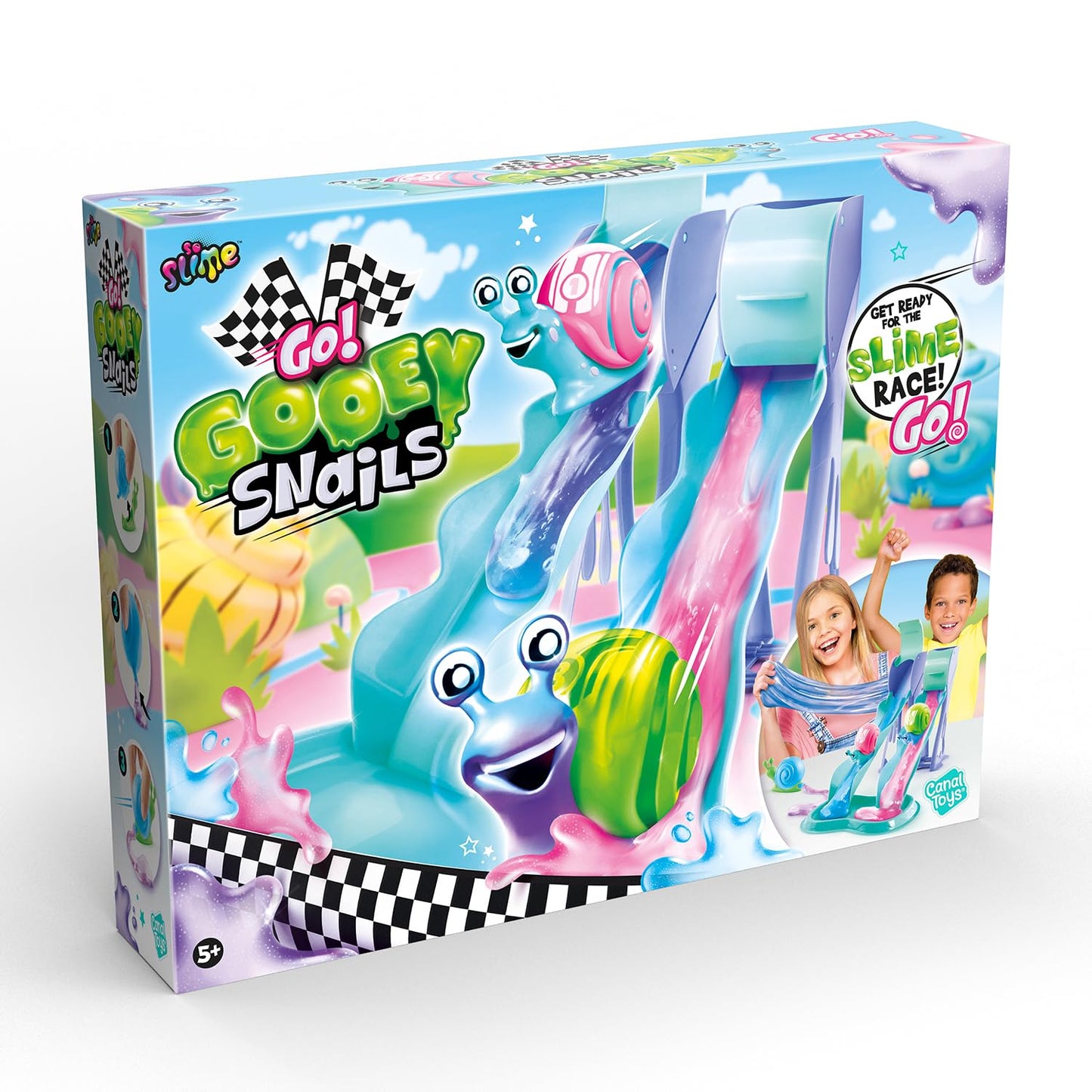 Colorful So Slime Go Gooey Snails Slime Race Set with racing tracks and squeezable snails for kids ages 5+ by Canal Toys.