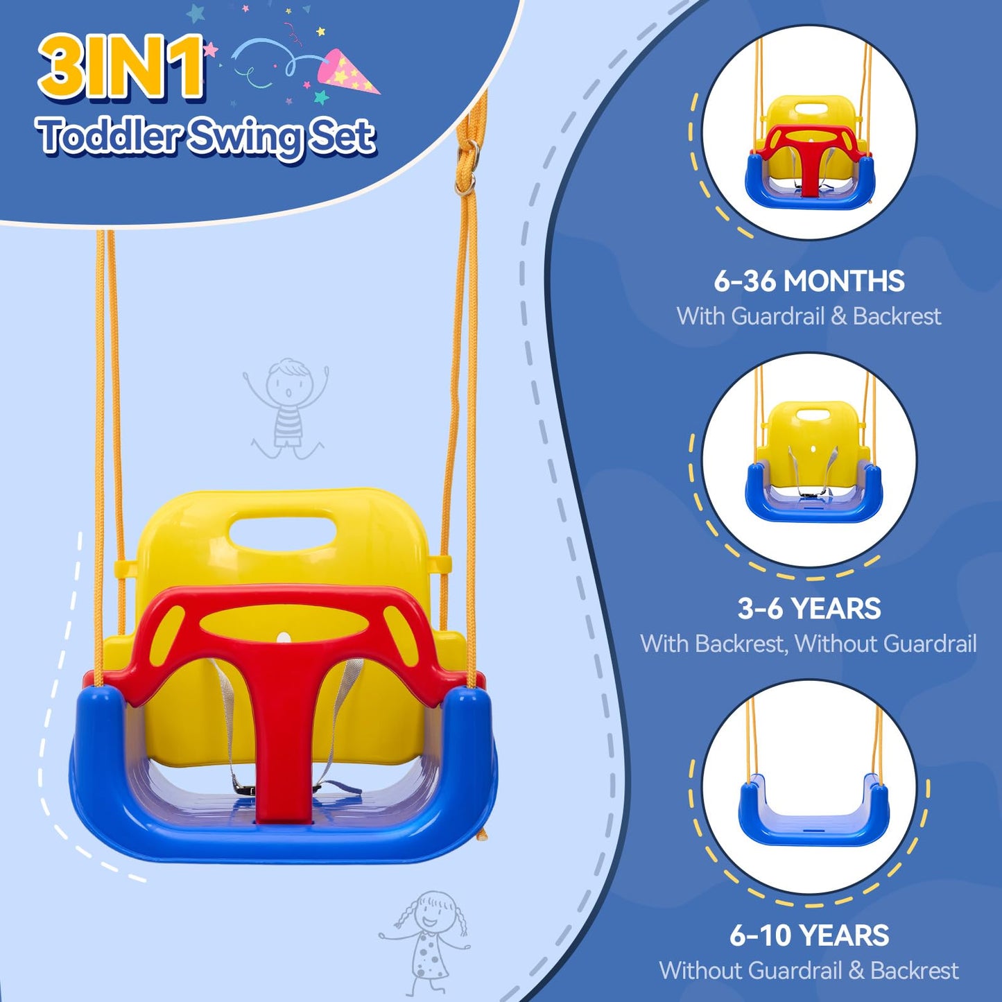 Warmiehomy 3 in1 Baby Swing Chair with Safety Harness Kids Swings for Garden Backyard Outdoor Indoor, Foldbale Toddler Swing Chair Play for Children Gift for 1 2 3 4-10 years old Boys Girls, Blue