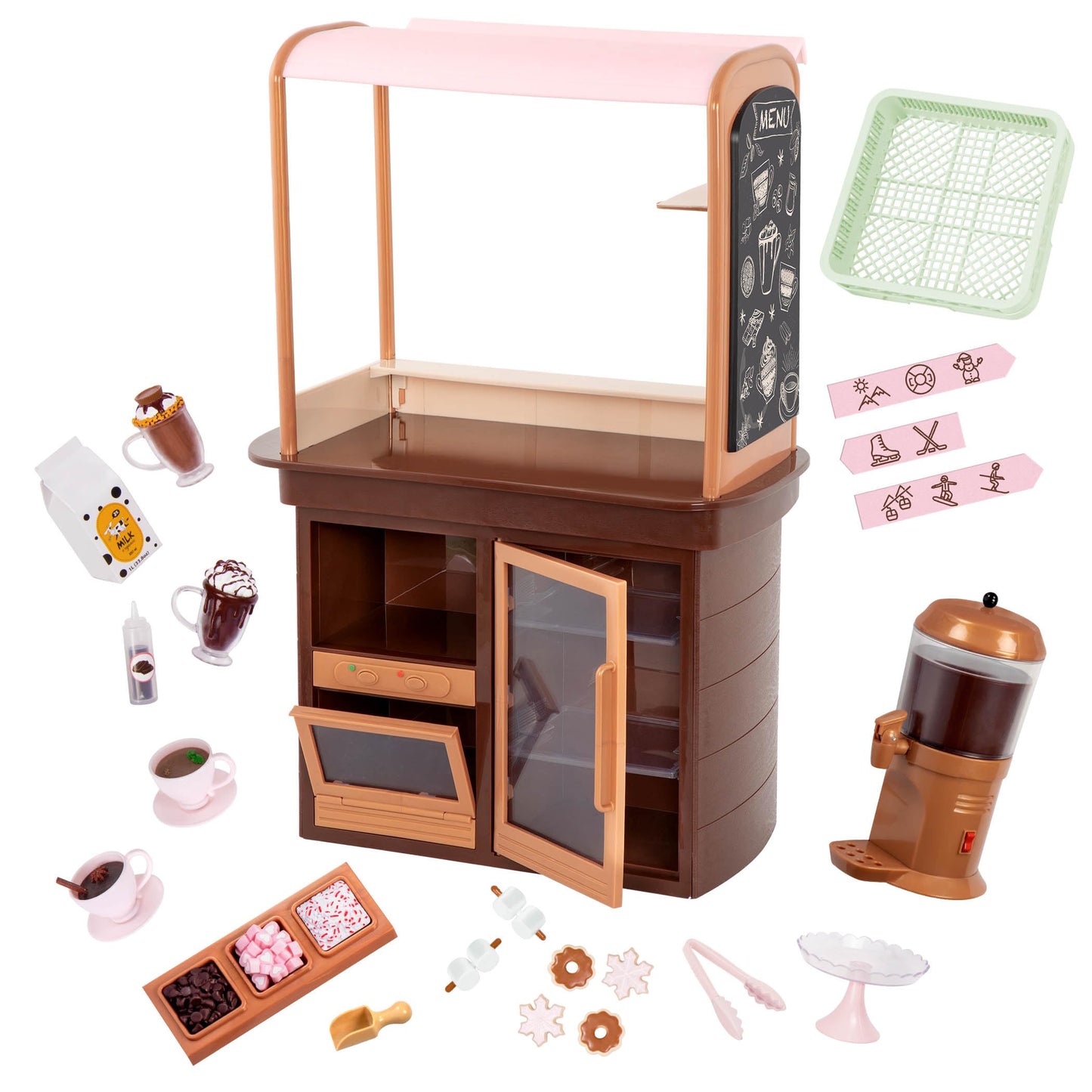 Our Generation Choco-Tastic Playset with hot chocolate stand and 26 accessories for 18-inch dolls.