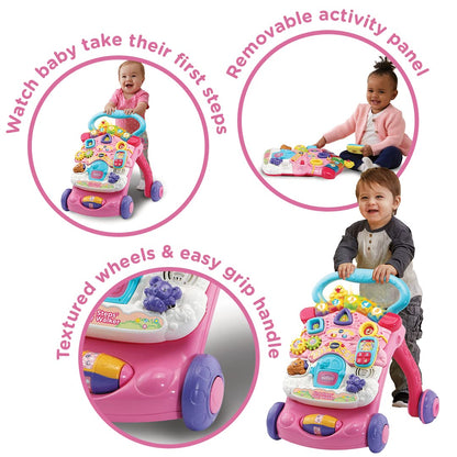VTech First Steps Baby Walker in pink with shape sorting, sounds, music, and pretend play features for infants and toddlers.