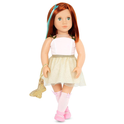 Our Generation Cambi doll with red hair and blue eyes in butterfly-themed outfits and accessories for pretend play.