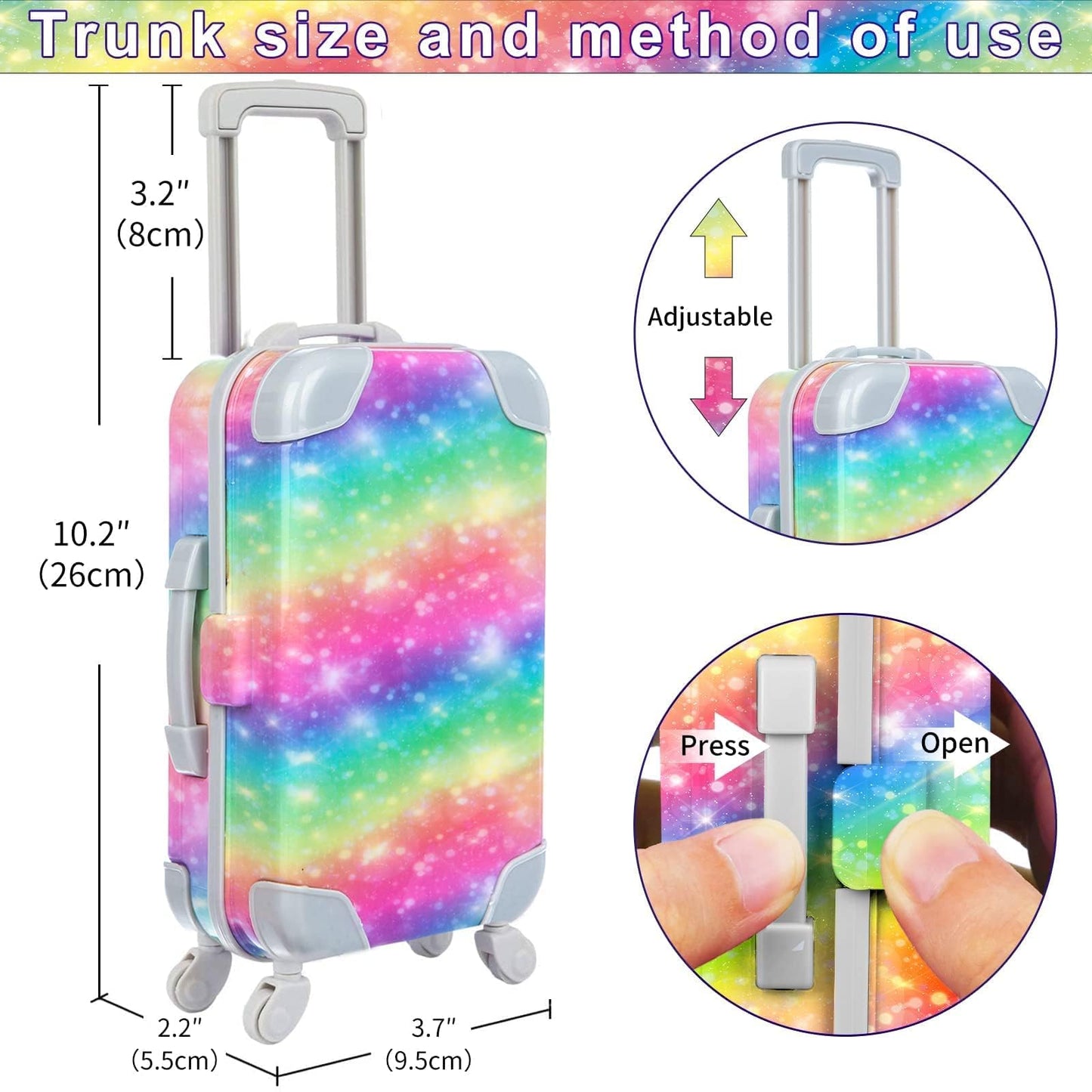 ZITA ELEMENT 23 PC rainbow travel set for dolls, featuring suitcase, bag, camera, computer, and accessories.