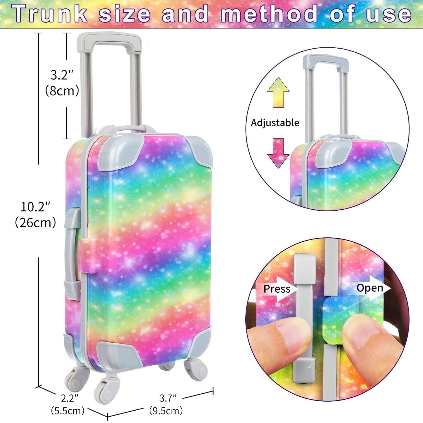 ZITA ELEMENT 23 PC rainbow travel set for dolls, featuring suitcase, bag, camera, computer, and accessories.