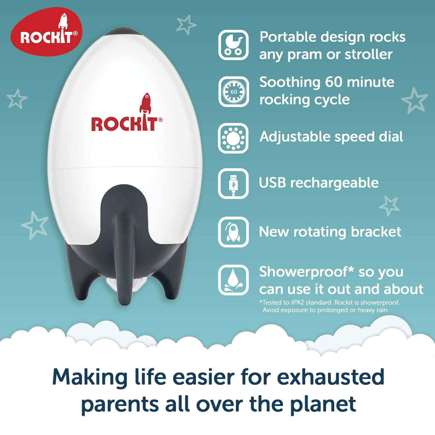 ROCKIT Rockit rechargeable baby pram rocker with adjustable speed and 60-minute timer, fitting strollers and buggies for soothing sleep.
