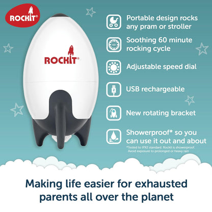 ROCKIT Rockit rechargeable baby pram rocker with adjustable speed and 60-minute timer, fitting strollers and buggies for soothing sleep.