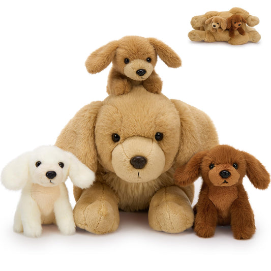 MorisMos Big Golden Retriever Teddy Soft Toy, 45cm Mom with 3 Cuddly Baby Inside, Giant Fluffly Dog Plush Toy Realistic Kawaii Gift for Kids Birthday Deco