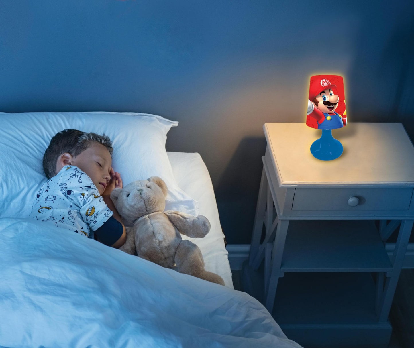 Red LEXIBOOK cordless mini bedside lamp and Nintendo-themed nightlight with soft glow, ideal for children's bedrooms.