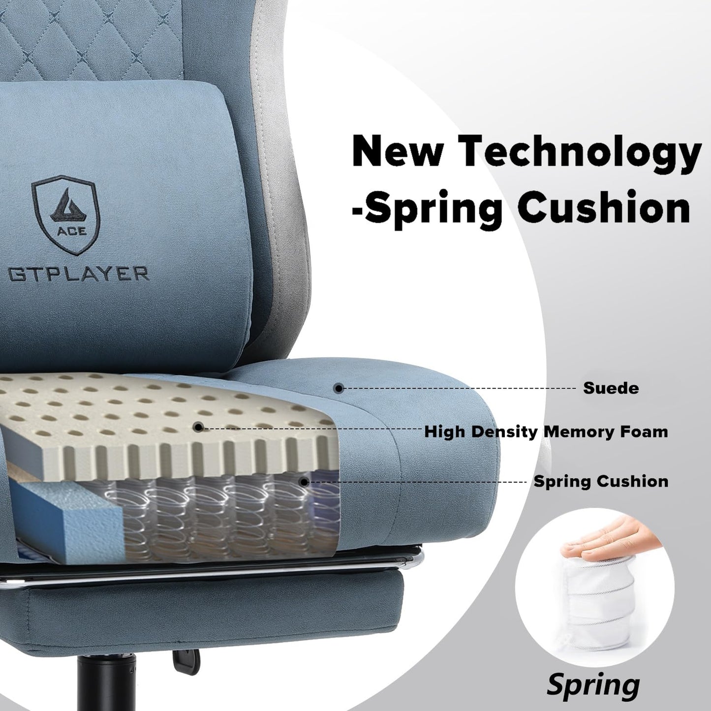 GTPLAYER Fabric Gaming Chair with Footrest, Ergonomic Computer Desk Chair with Pocket Spring Cushion Home Office High Back Support Lumbar Support Heavy Duty Wide
