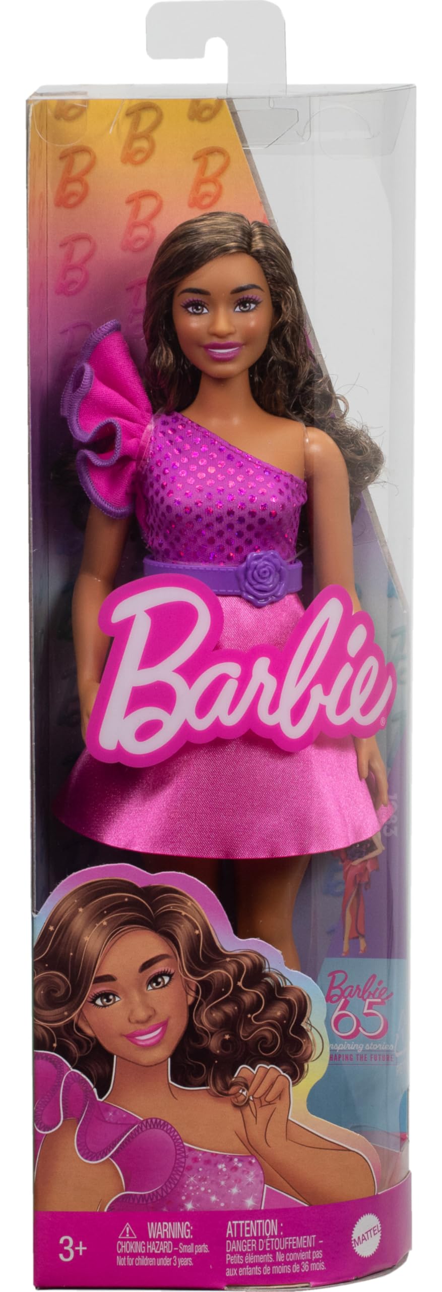 Barbie Fashionistas Doll #225 with curvy body, brown hair, pink sparkly dress, accessories, 65th anniversary collectible toy.